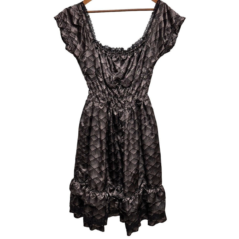 Y2K Goth Smocked Lace Ruffle Midi Summer Dress Grunge Whimsigoth Witchy Vamp